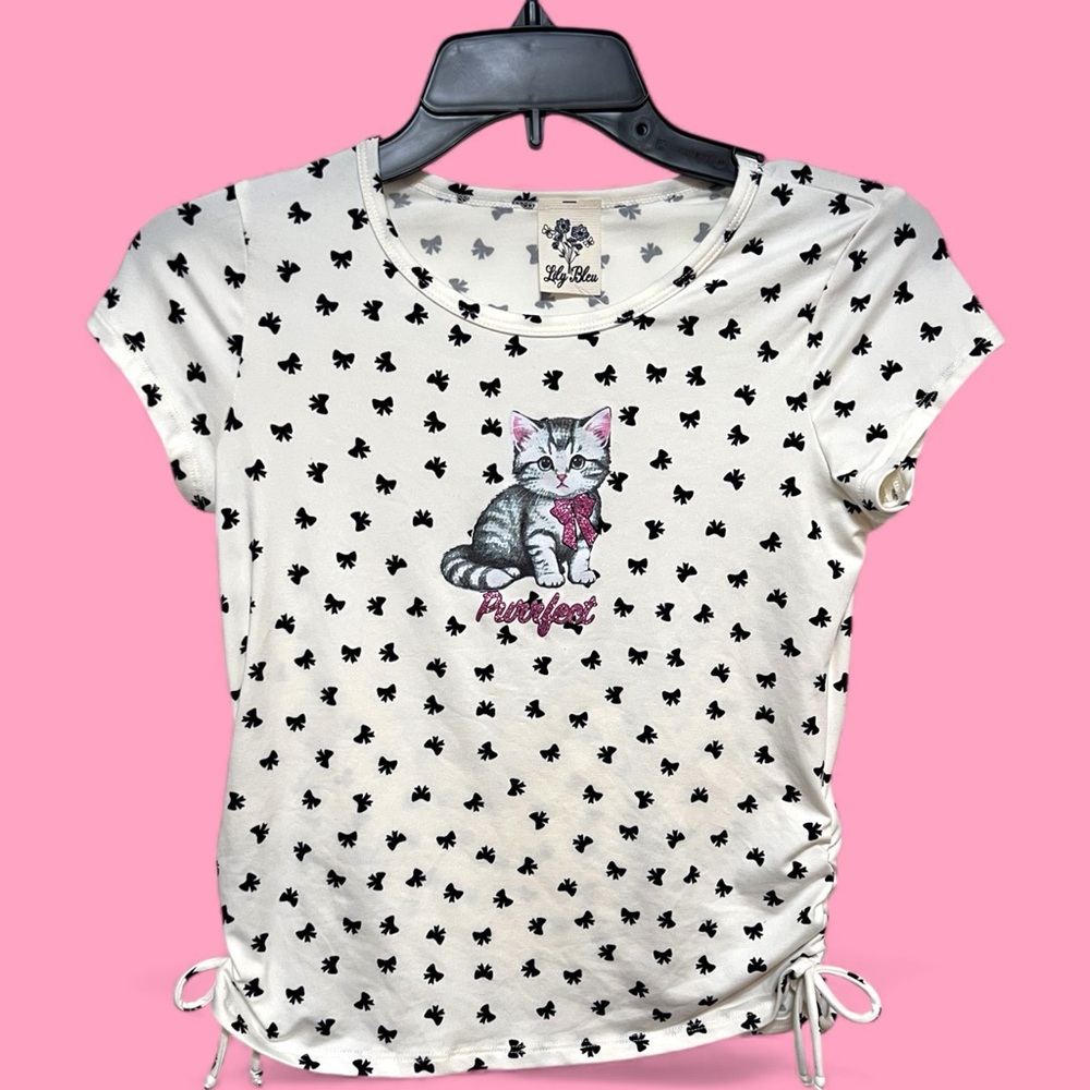 White T-Shirt with Cat Print and Black Bow Print